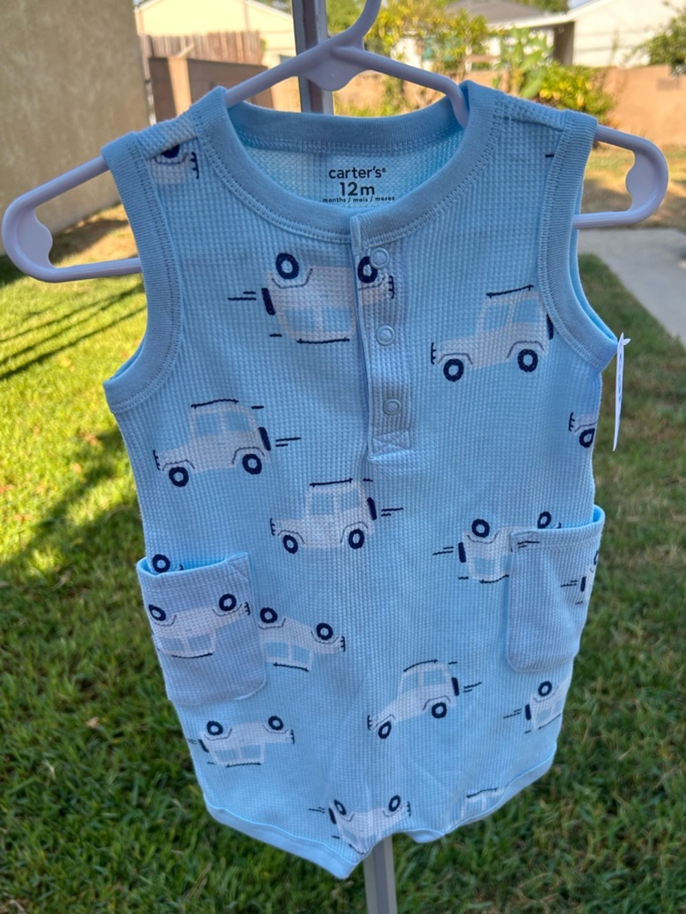 Carter's Light Blue Sleeveless Romper with Navy Car Print